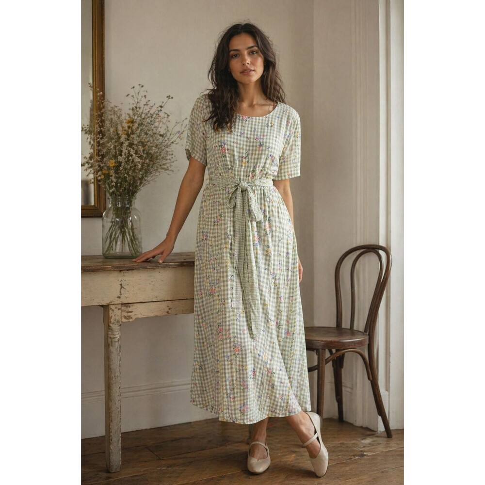 Vintage Ultra Dress NY Green Gingham Floral Maxi Empire Prairie Cottagecore 12